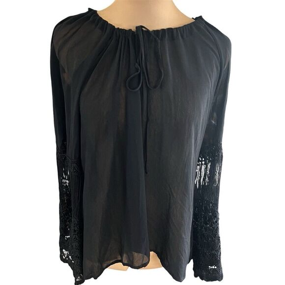 XCVI SZ M Womens Sheer Peasant Top Crochet Lace Boho Whimsigoth Fairy Grunge - Picture 1 of 9